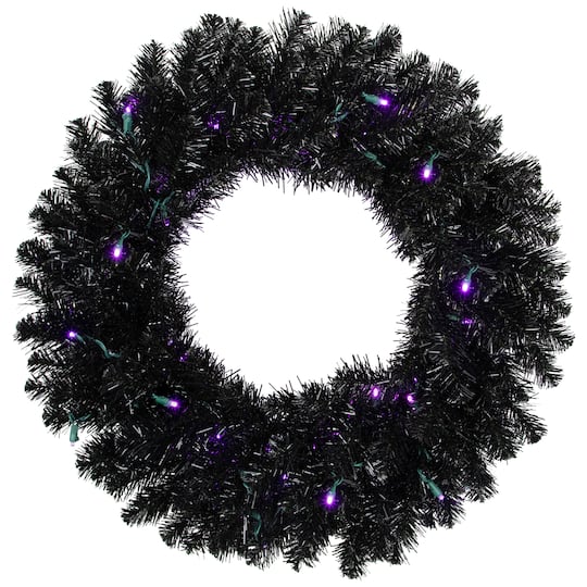35764747 Black Crystal Pine Artificial Halloween Wreath - 24 in. - LED Purple